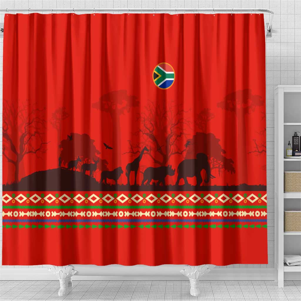 South Africa Wildlife Shower Curtain Tribal Pattern with National Flag and Safari Silhouettes