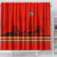 South Africa Wildlife Shower Curtain Tribal Pattern with National Flag and Safari Silhouettes