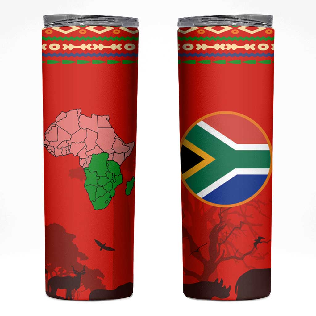 South Africa Wildlife Skinny Tumbler Tribal Pattern with National Flag and Safari Silhouettes