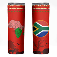 South Africa Wildlife Skinny Tumbler Tribal Pattern with National Flag and Safari Silhouettes