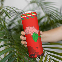 South Africa Wildlife Skinny Tumbler Tribal Pattern with National Flag and Safari Silhouettes
