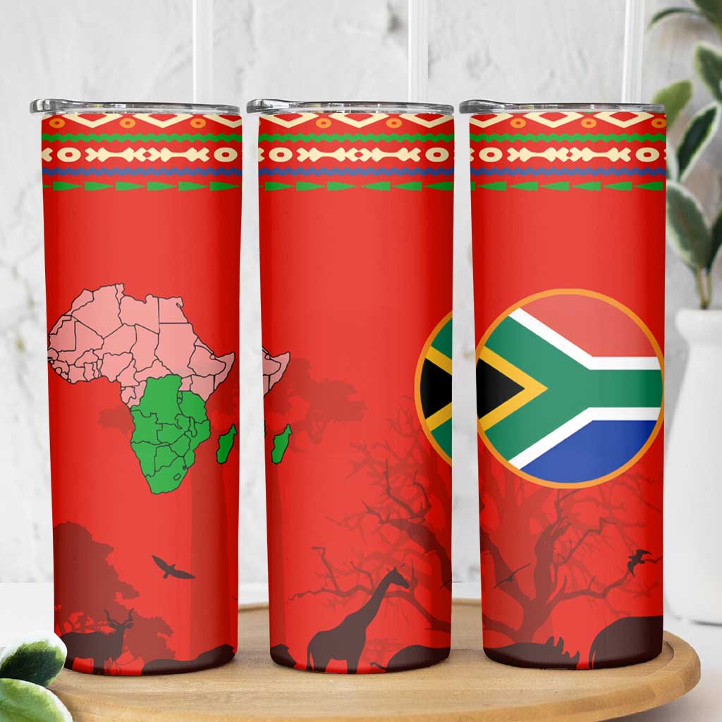 South Africa Wildlife Skinny Tumbler Tribal Pattern with National Flag and Safari Silhouettes