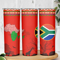 South Africa Wildlife Skinny Tumbler Tribal Pattern with National Flag and Safari Silhouettes