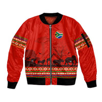 South Africa Wildlife Sleeve Zip Bomber Jacket Tribal Pattern with National Flag and Safari Silhouettes