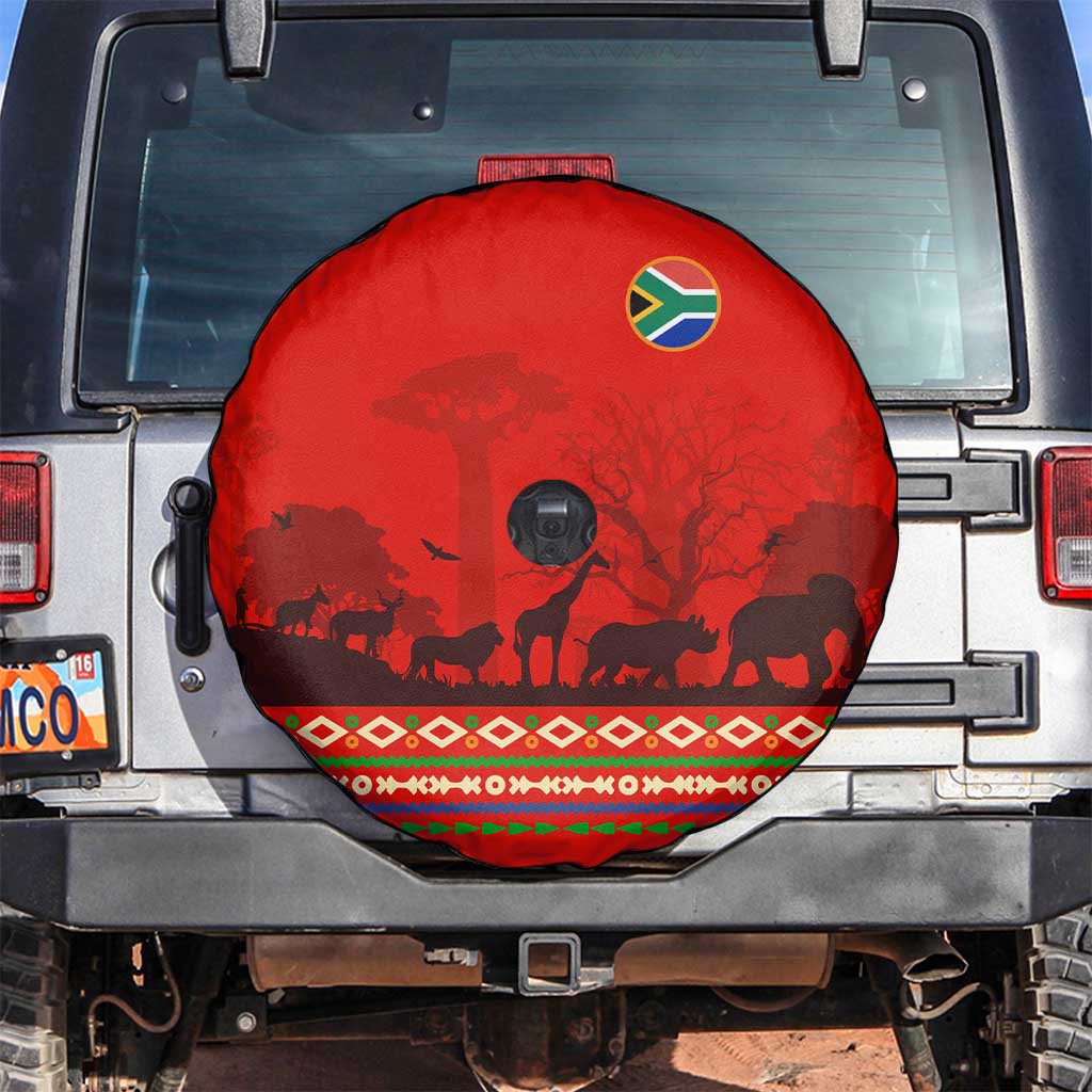 South Africa Wildlife Spare Tire Cover Tribal Pattern with National Flag and Safari Silhouettes