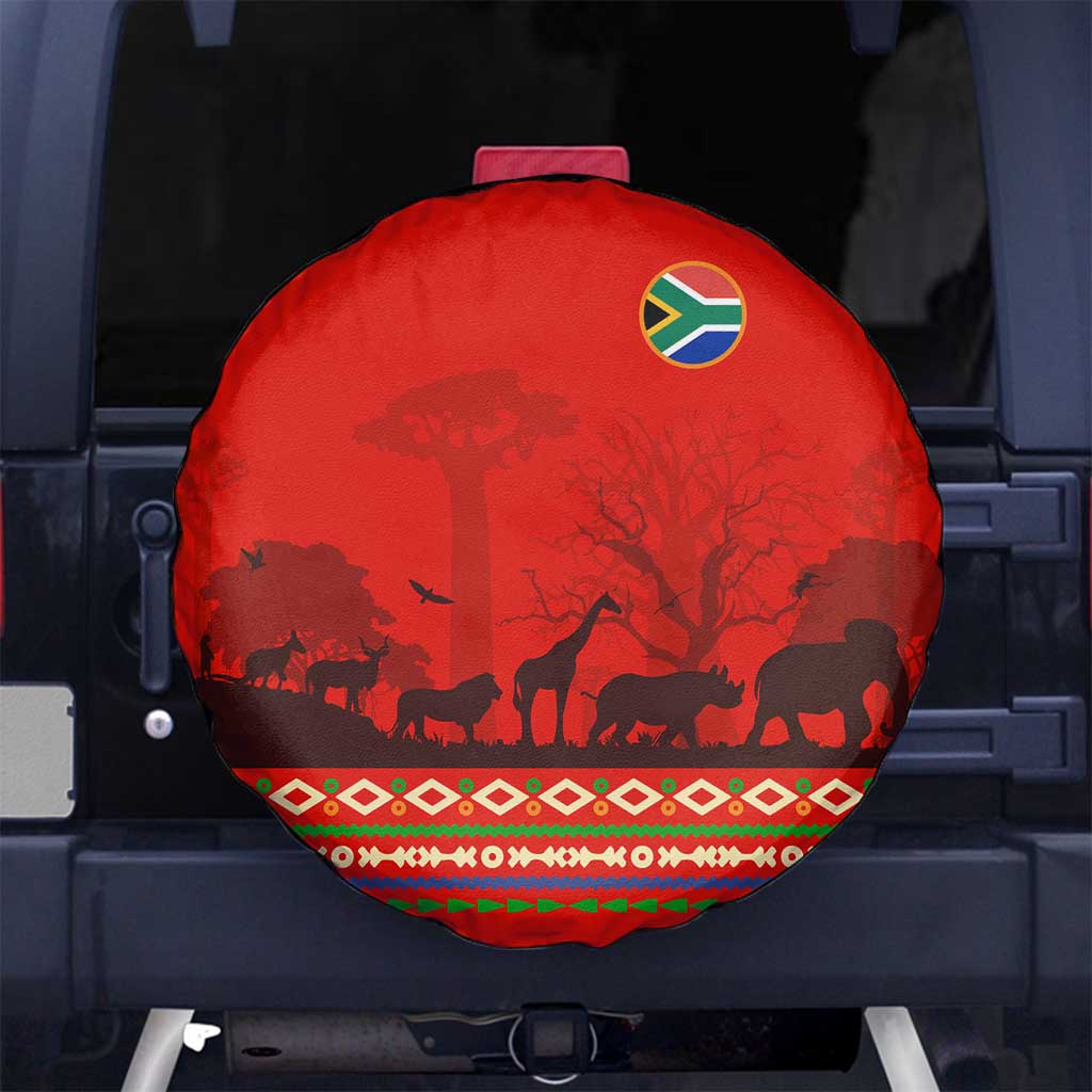 South Africa Wildlife Spare Tire Cover Tribal Pattern with National Flag and Safari Silhouettes