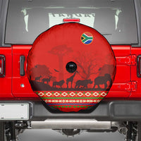 South Africa Wildlife Spare Tire Cover Tribal Pattern with National Flag and Safari Silhouettes