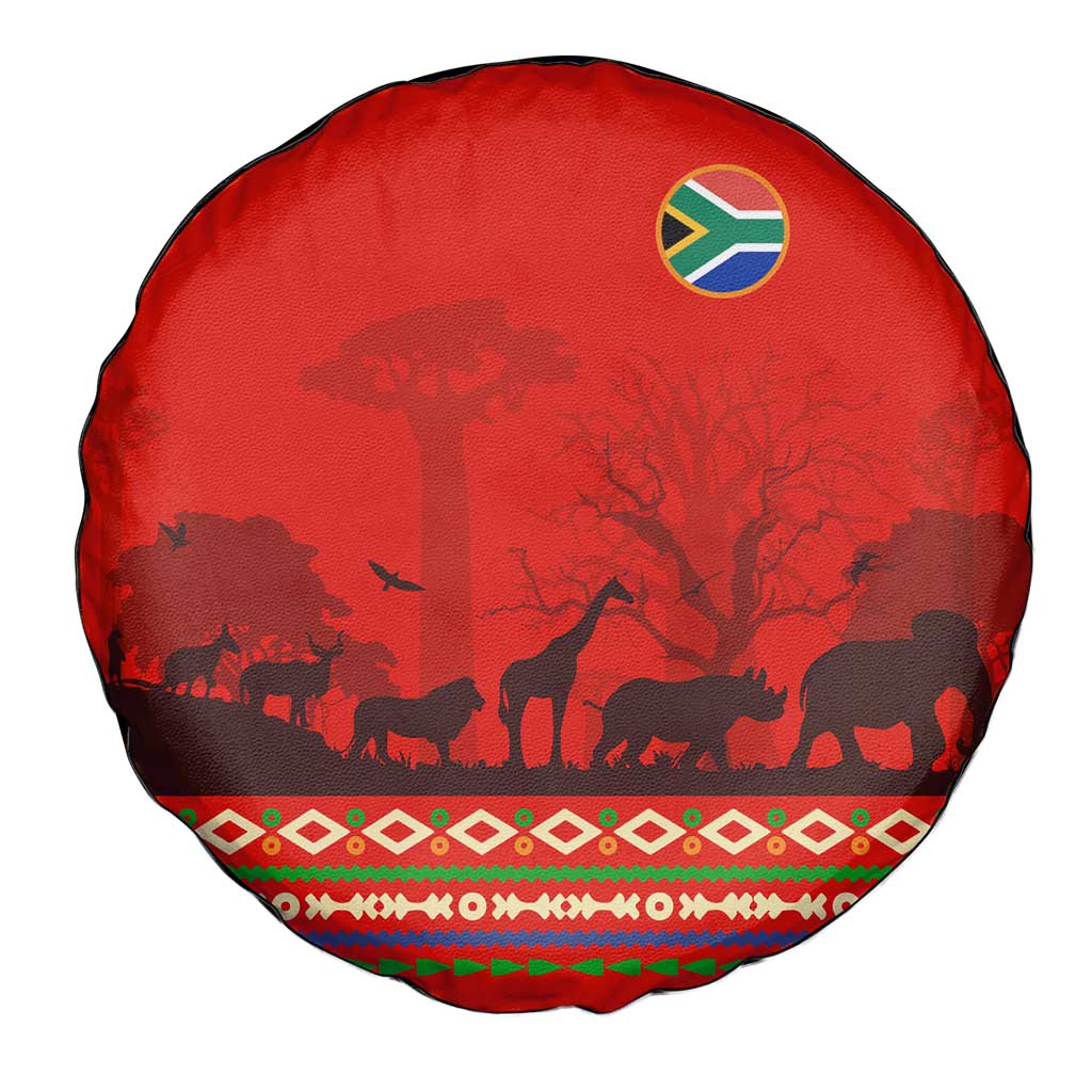 South Africa Wildlife Spare Tire Cover Tribal Pattern with National Flag and Safari Silhouettes