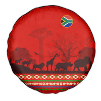 South Africa Wildlife Spare Tire Cover Tribal Pattern with National Flag and Safari Silhouettes