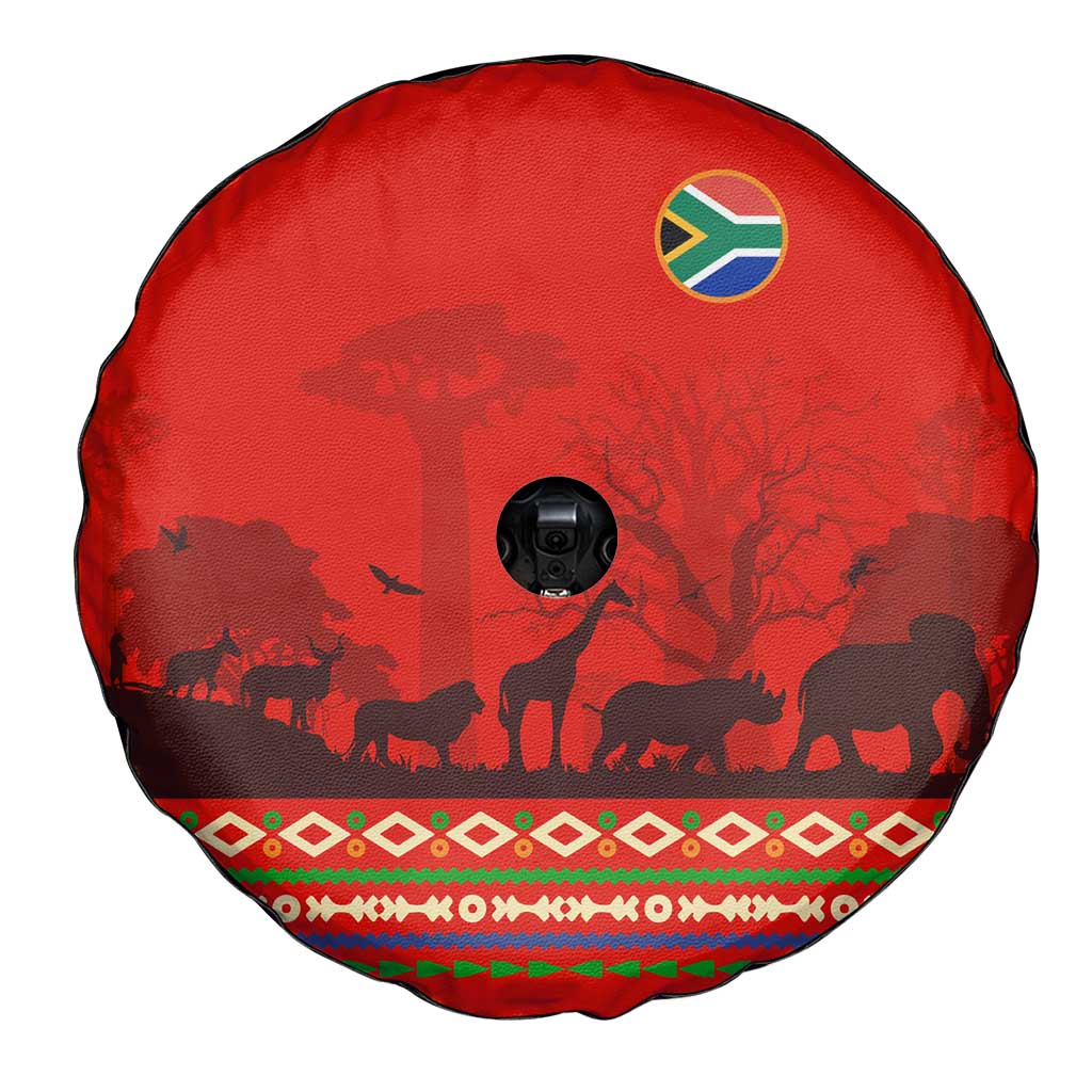 South Africa Wildlife Spare Tire Cover Tribal Pattern with National Flag and Safari Silhouettes