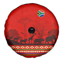 South Africa Wildlife Spare Tire Cover Tribal Pattern with National Flag and Safari Silhouettes