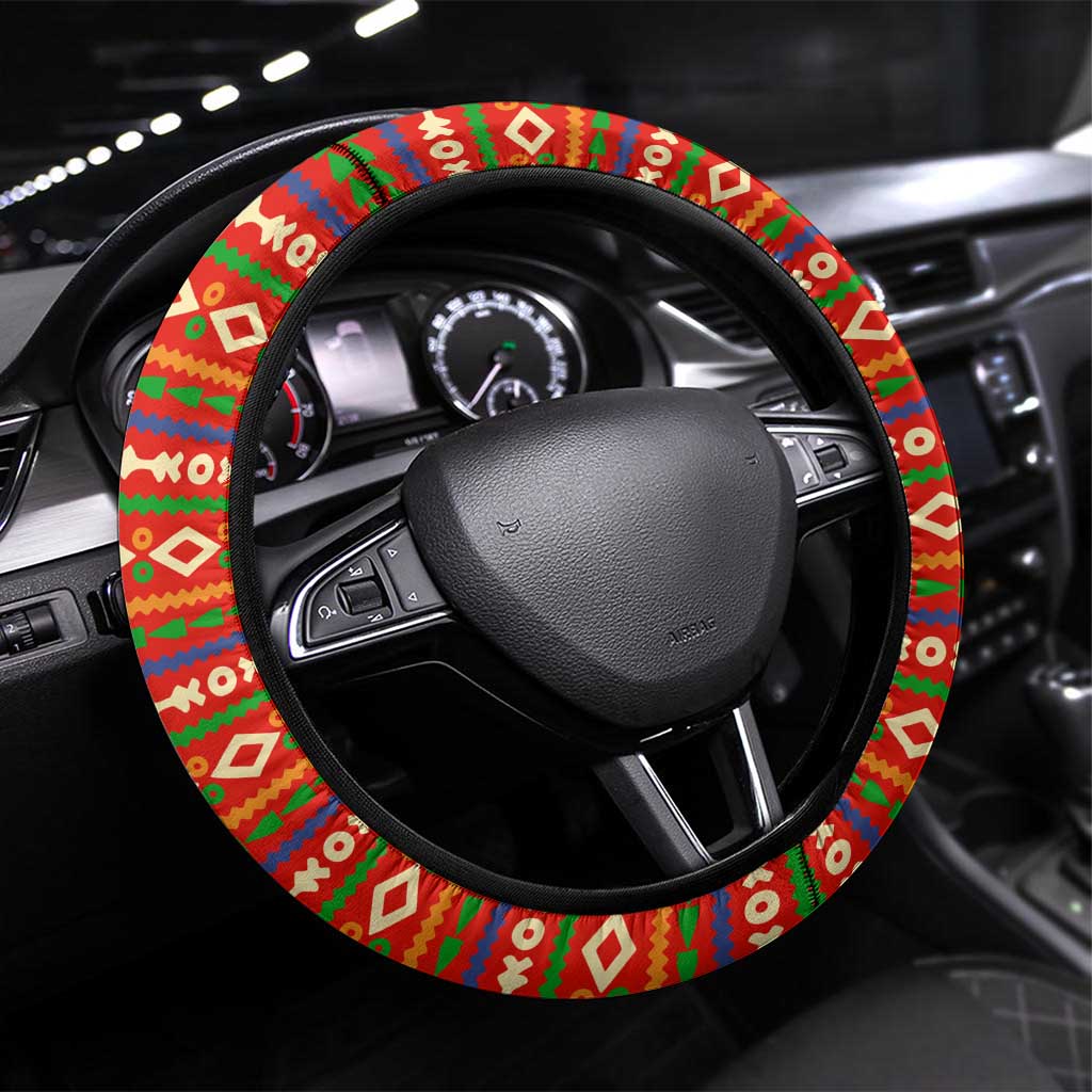 South Africa Wildlife Steering Wheel Cover Tribal Pattern with National Flag and Safari Silhouettes