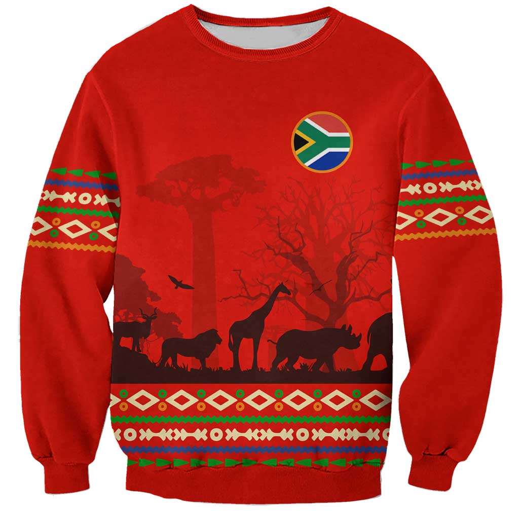 South Africa Wildlife Sweatshirt Tribal Pattern with National Flag and Safari Silhouettes