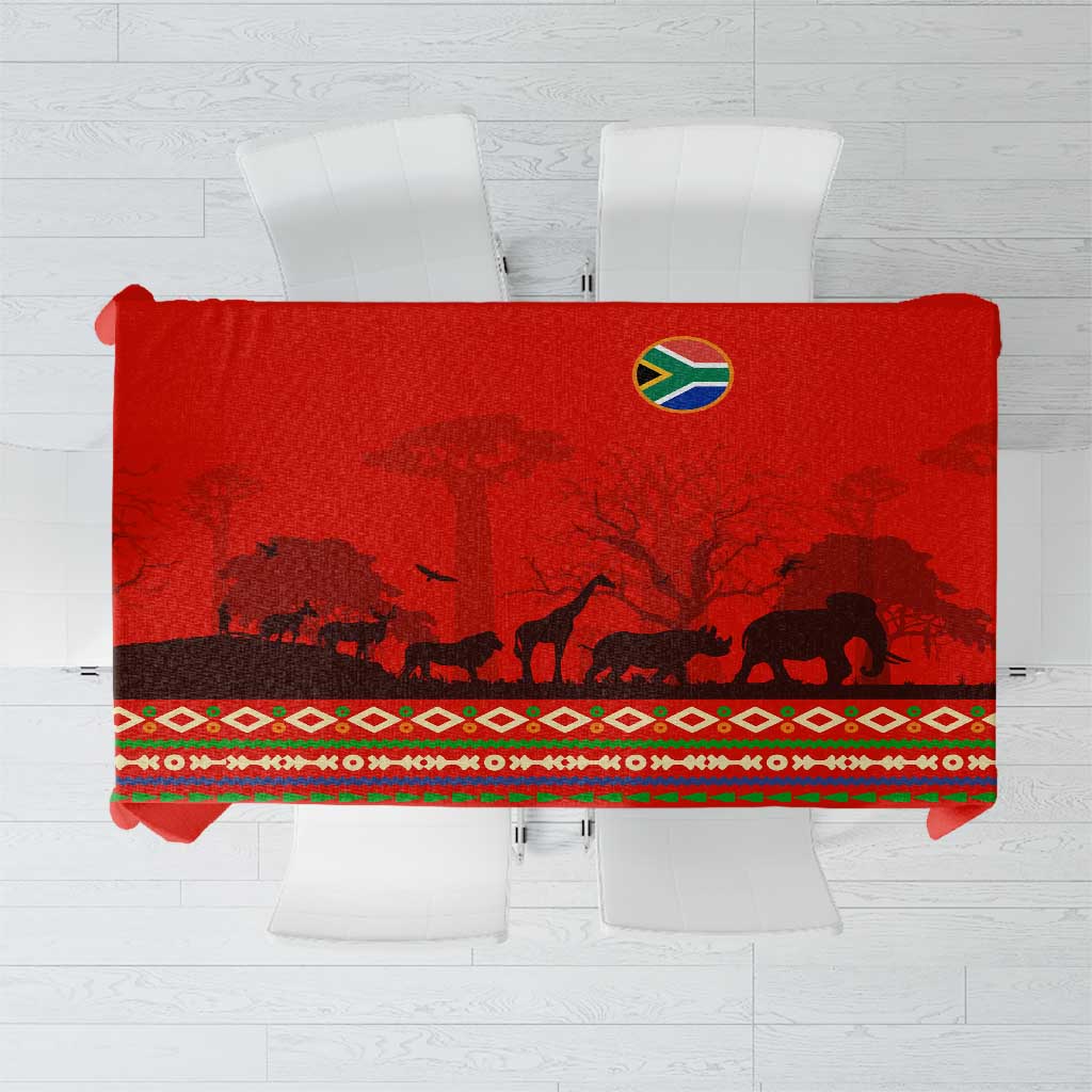 South Africa Wildlife Tablecloth Tribal Pattern with National Flag and Safari Silhouettes