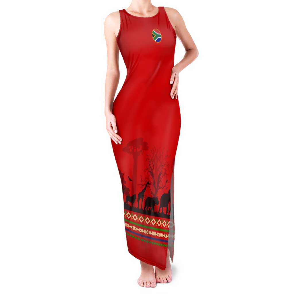 South Africa Wildlife Tank Maxi Dress Tribal Pattern with National Flag and Safari Silhouettes
