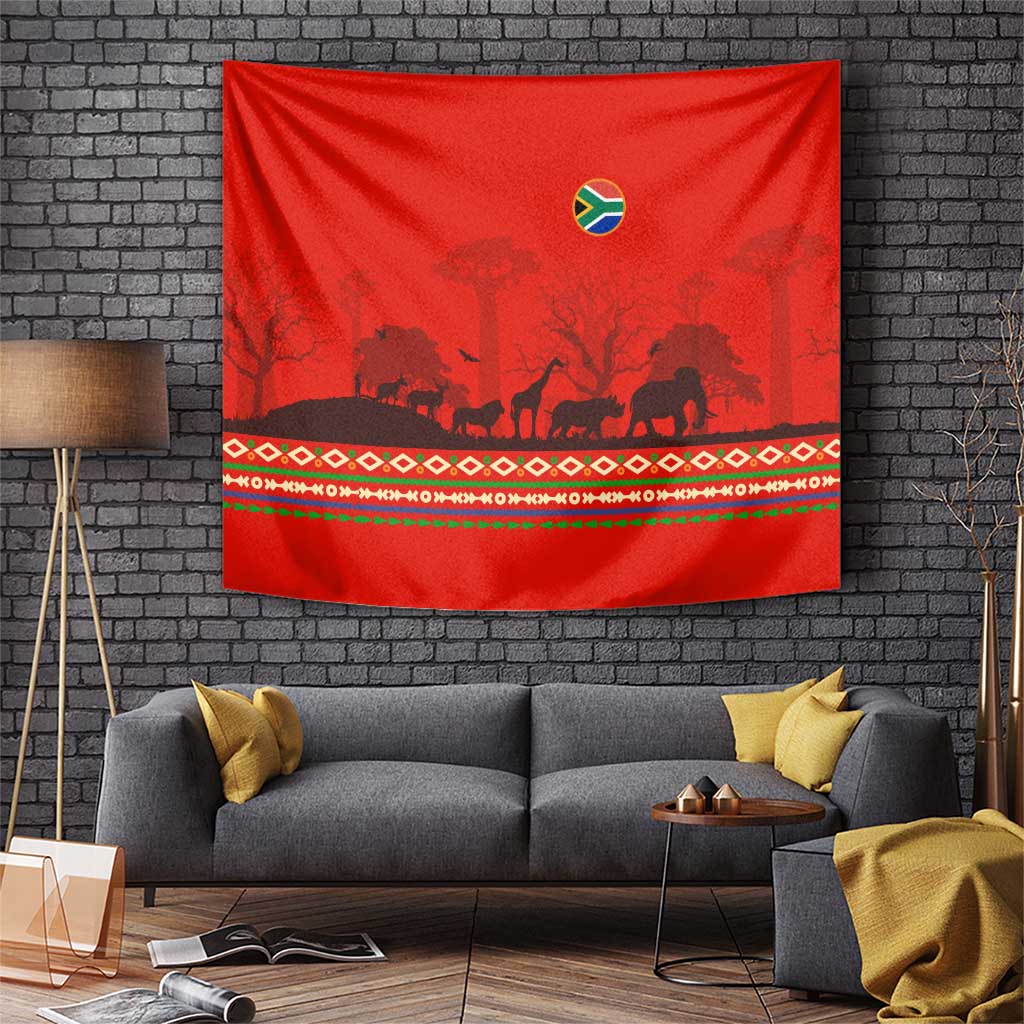 South Africa Wildlife Tapestry Tribal Pattern with National Flag and Safari Silhouettes