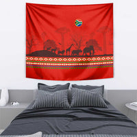 South Africa Wildlife Tapestry Tribal Pattern with National Flag and Safari Silhouettes