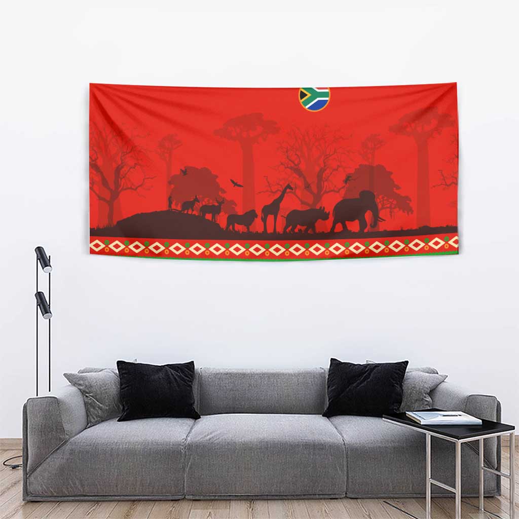 South Africa Wildlife Tapestry Tribal Pattern with National Flag and Safari Silhouettes