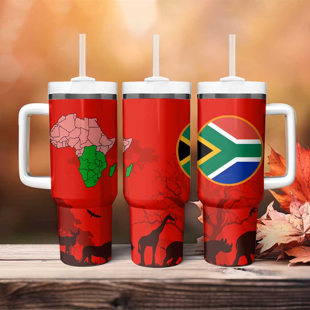 South Africa Wildlife Tumbler With Handle Tribal Pattern with National Flag and Safari Silhouettes