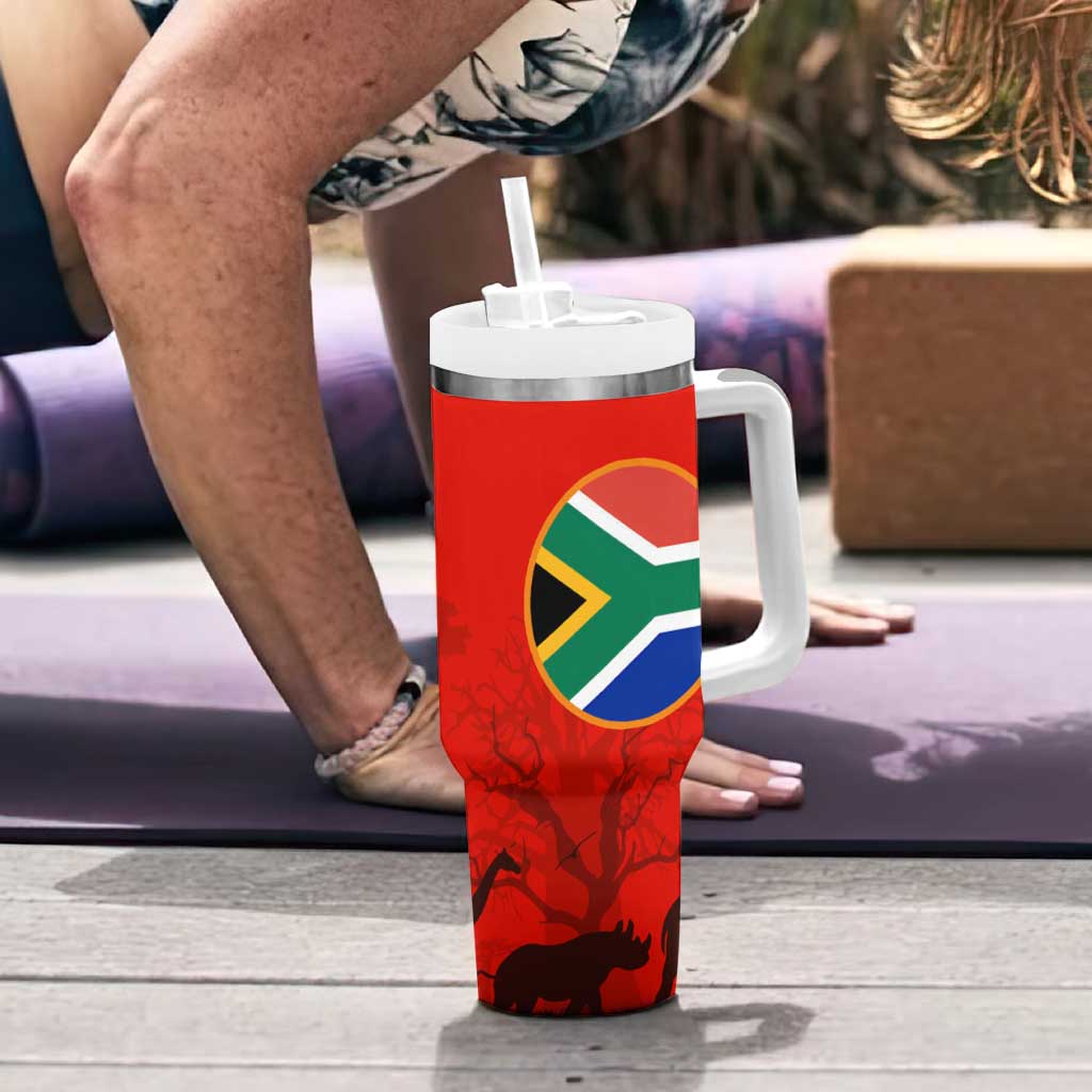 South Africa Wildlife Tumbler With Handle Tribal Pattern with National Flag and Safari Silhouettes