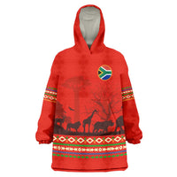 South Africa Wildlife Wearable Blanket Hoodie Tribal Pattern with National Flag and Safari Silhouettes
