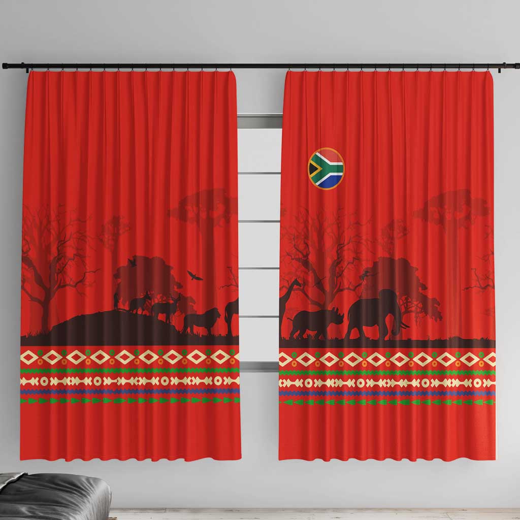 South Africa Wildlife Window Curtain Tribal Pattern with National Flag and Safari Silhouettes