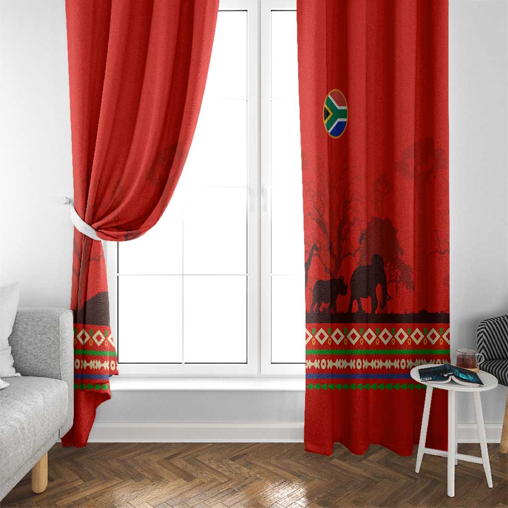 South Africa Wildlife Window Curtain Tribal Pattern with National Flag and Safari Silhouettes