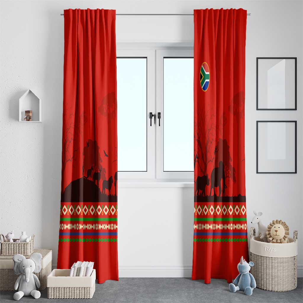 South Africa Wildlife Window Curtain Tribal Pattern with National Flag and Safari Silhouettes