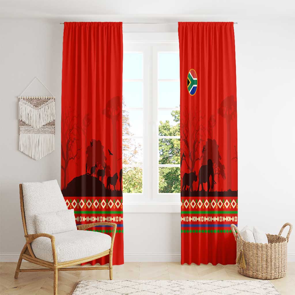 South Africa Wildlife Window Curtain Tribal Pattern with National Flag and Safari Silhouettes