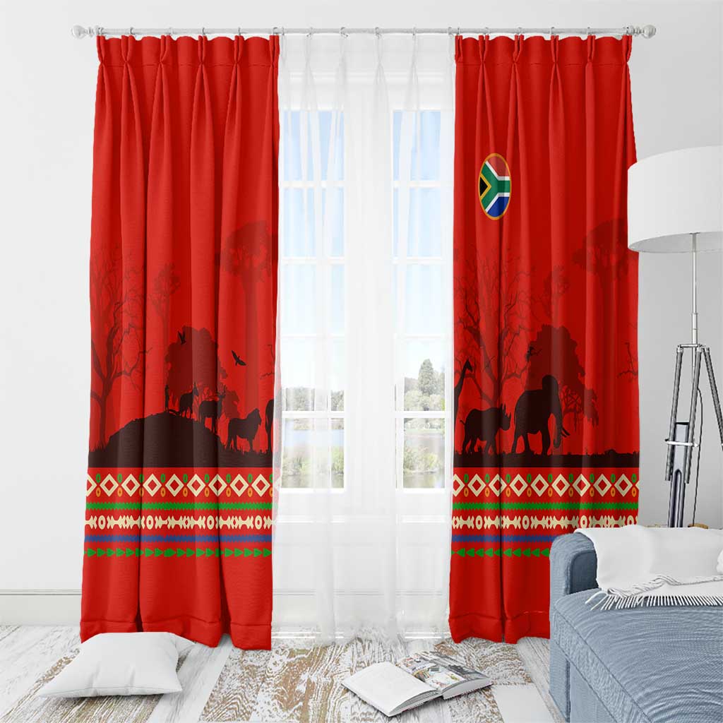 South Africa Wildlife Window Curtain Tribal Pattern with National Flag and Safari Silhouettes