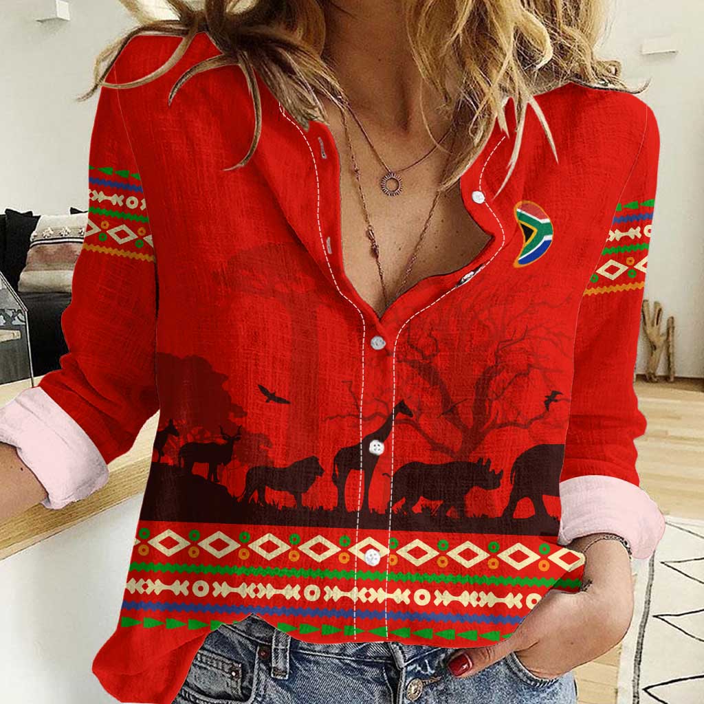 South Africa Wildlife Women Casual Shirt Tribal Pattern with National Flag and Safari Silhouettes