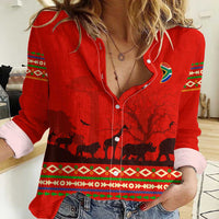 South Africa Wildlife Women Casual Shirt Tribal Pattern with National Flag and Safari Silhouettes