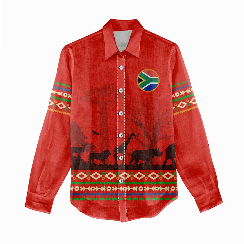 South Africa Wildlife Women Casual Shirt Tribal Pattern with National Flag and Safari Silhouettes