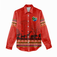 South Africa Wildlife Women Casual Shirt Tribal Pattern with National Flag and Safari Silhouettes