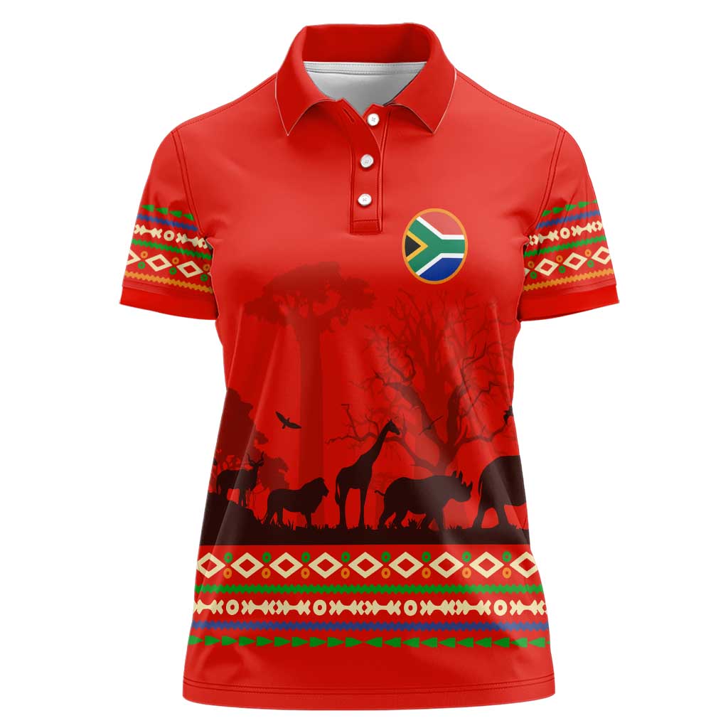 South Africa Wildlife Women Polo Shirt Tribal Pattern with National Flag and Safari Silhouettes