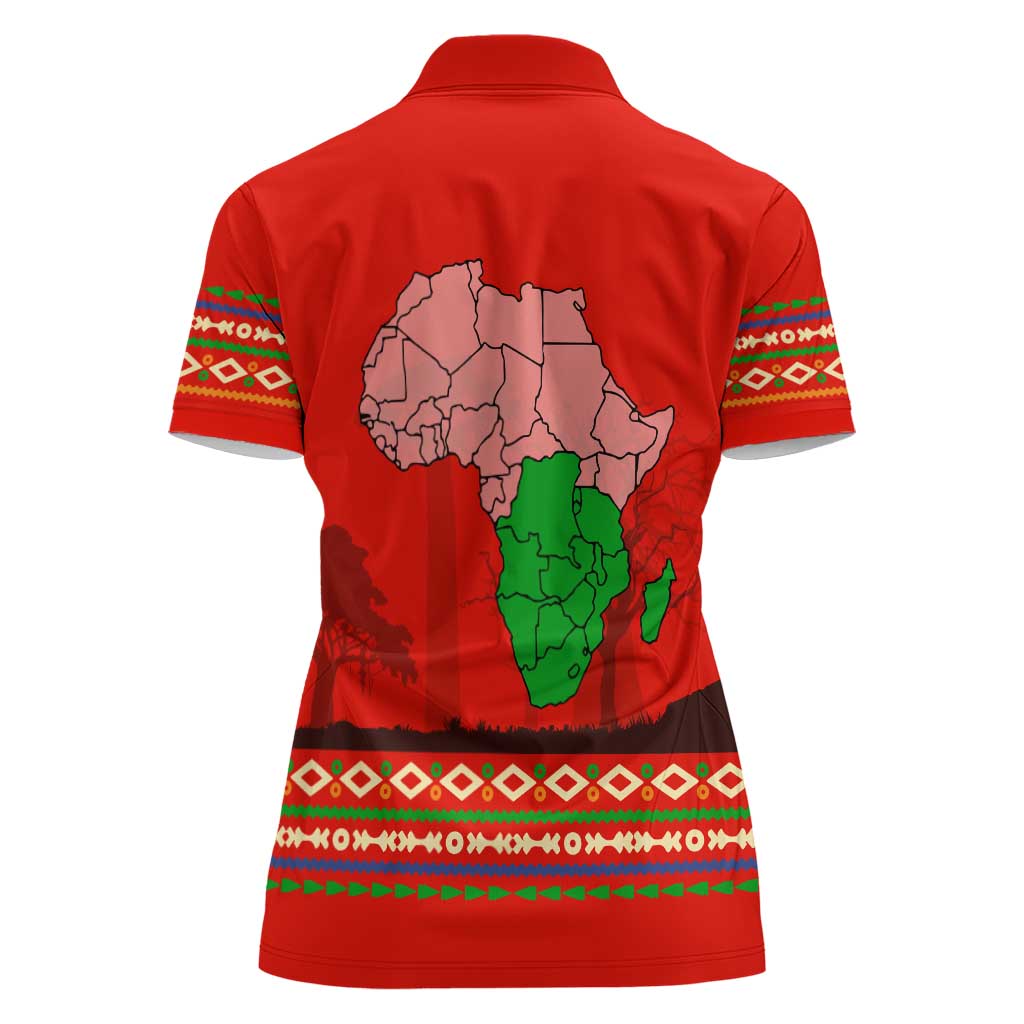 South Africa Wildlife Women Polo Shirt Tribal Pattern with National Flag and Safari Silhouettes