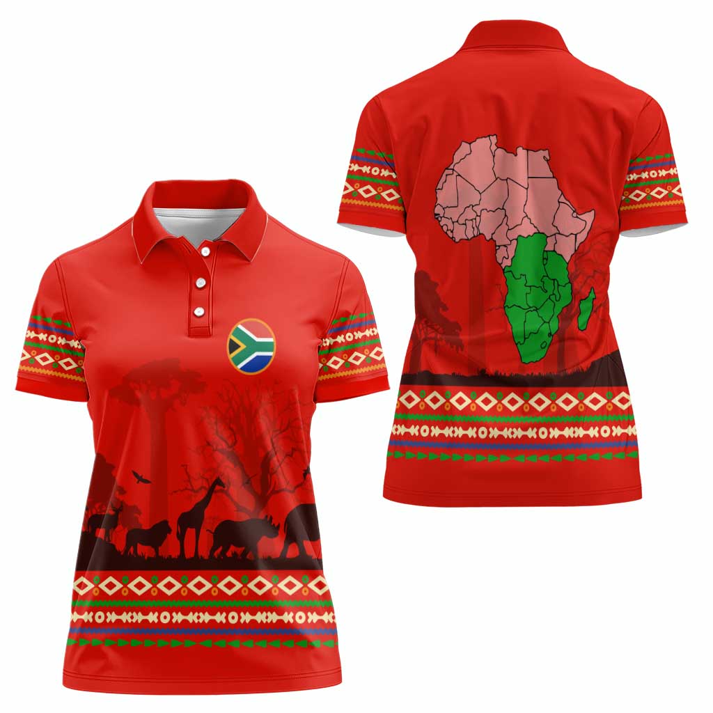 South Africa Wildlife Women Polo Shirt Tribal Pattern with National Flag and Safari Silhouettes