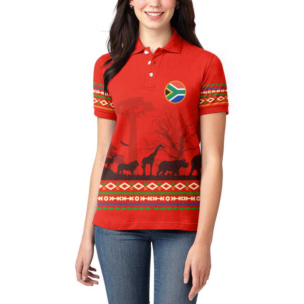 South Africa Wildlife Women Polo Shirt Tribal Pattern with National Flag and Safari Silhouettes