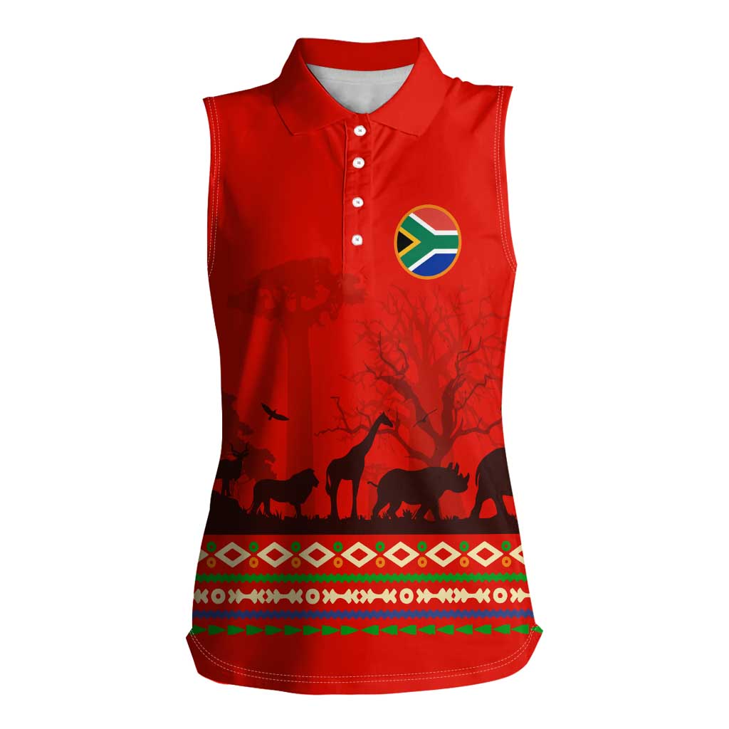 South Africa Wildlife Women Sleeveless Polo Shirt Tribal Pattern with National Flag and Safari Silhouettes