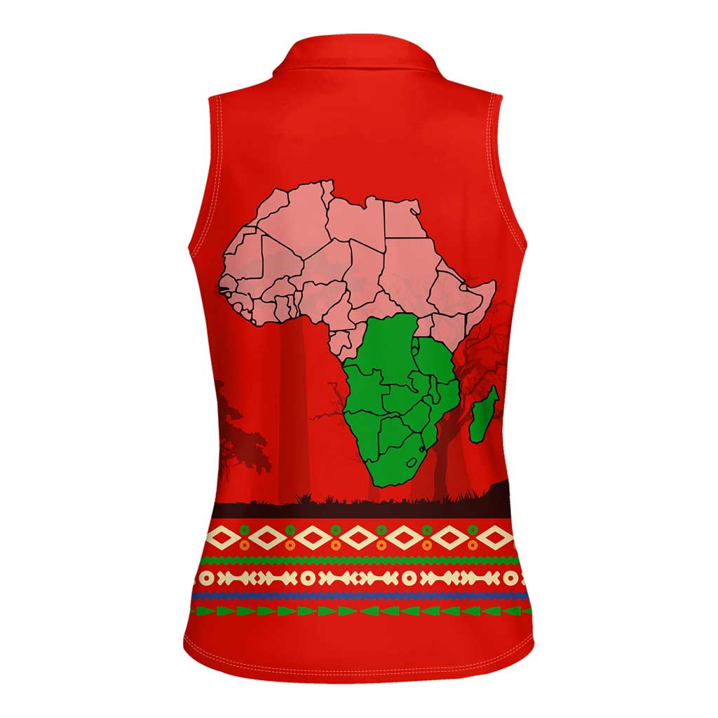 South Africa Wildlife Women Sleeveless Polo Shirt Tribal Pattern with National Flag and Safari Silhouettes