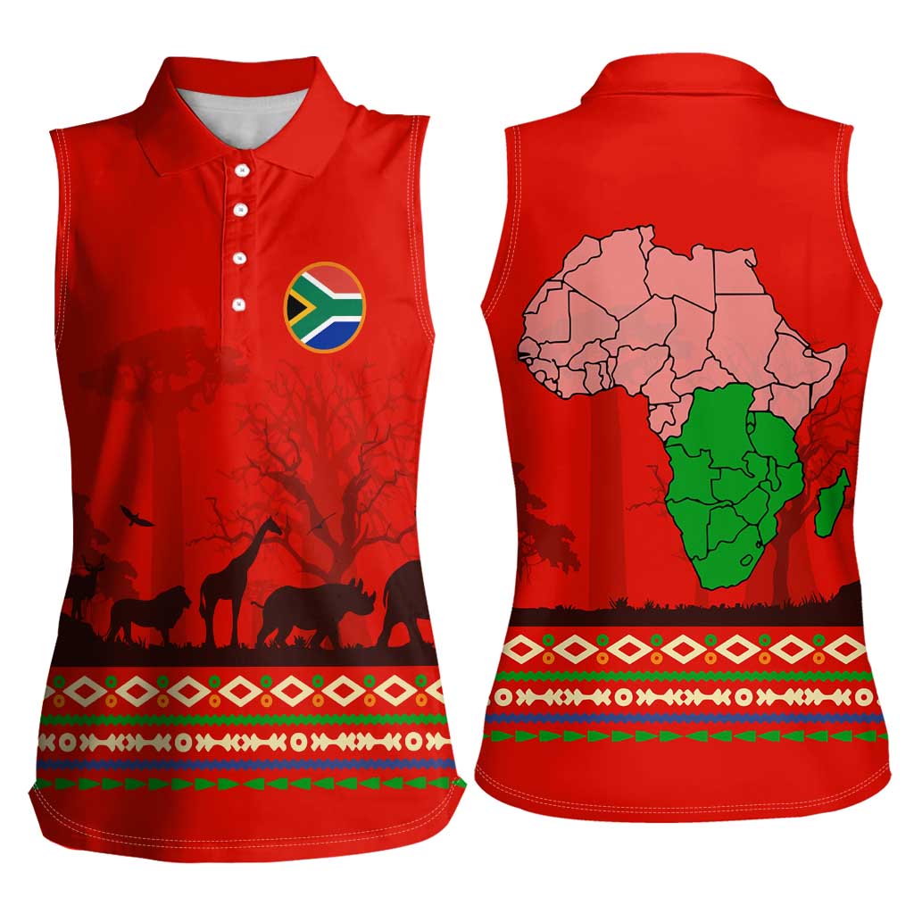 South Africa Wildlife Women Sleeveless Polo Shirt Tribal Pattern with National Flag and Safari Silhouettes