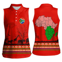 South Africa Wildlife Women Sleeveless Polo Shirt Tribal Pattern with National Flag and Safari Silhouettes