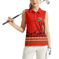 South Africa Wildlife Women Sleeveless Polo Shirt Tribal Pattern with National Flag and Safari Silhouettes