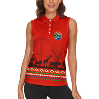 South Africa Wildlife Women Sleeveless Polo Shirt Tribal Pattern with National Flag and Safari Silhouettes