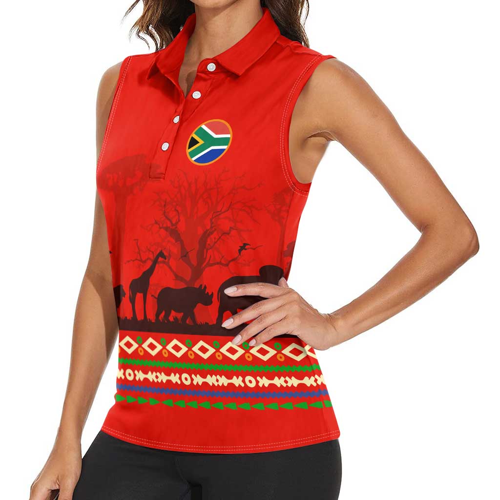 South Africa Wildlife Women Sleeveless Polo Shirt Tribal Pattern with National Flag and Safari Silhouettes
