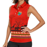 South Africa Wildlife Women Sleeveless Polo Shirt Tribal Pattern with National Flag and Safari Silhouettes