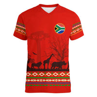 South Africa Wildlife Women V-Neck T-Shirt Tribal Pattern with National Flag and Safari Silhouettes
