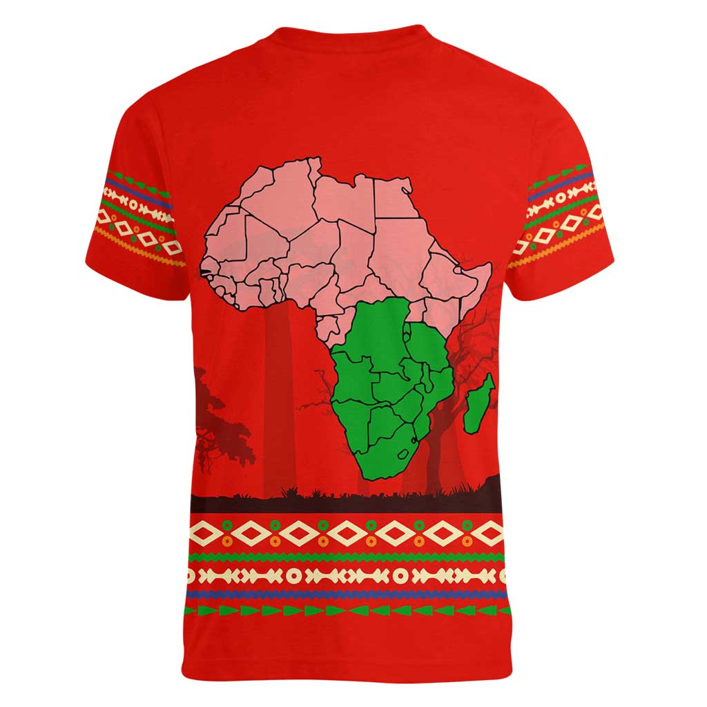 South Africa Wildlife Women V-Neck T-Shirt Tribal Pattern with National Flag and Safari Silhouettes