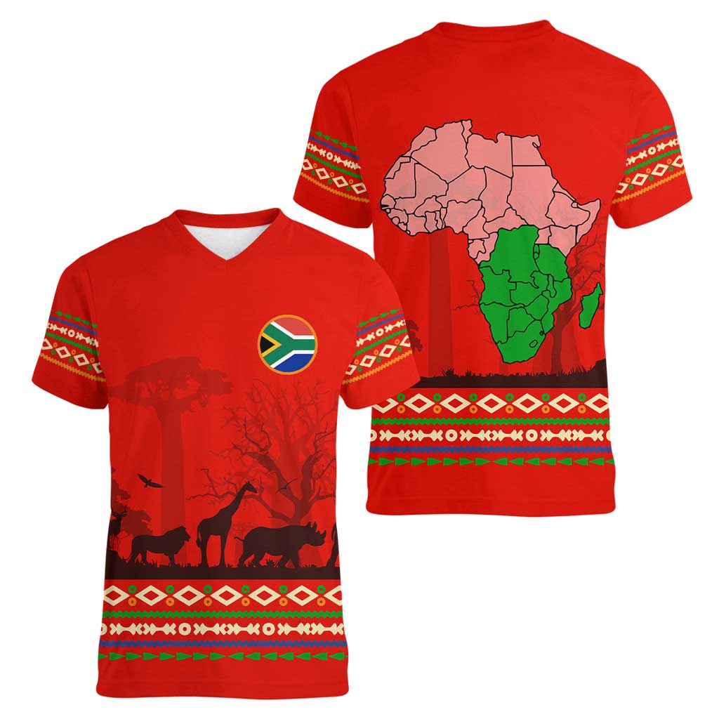 South Africa Wildlife Women V-Neck T-Shirt Tribal Pattern with National Flag and Safari Silhouettes