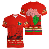 South Africa Wildlife Women V-Neck T-Shirt Tribal Pattern with National Flag and Safari Silhouettes